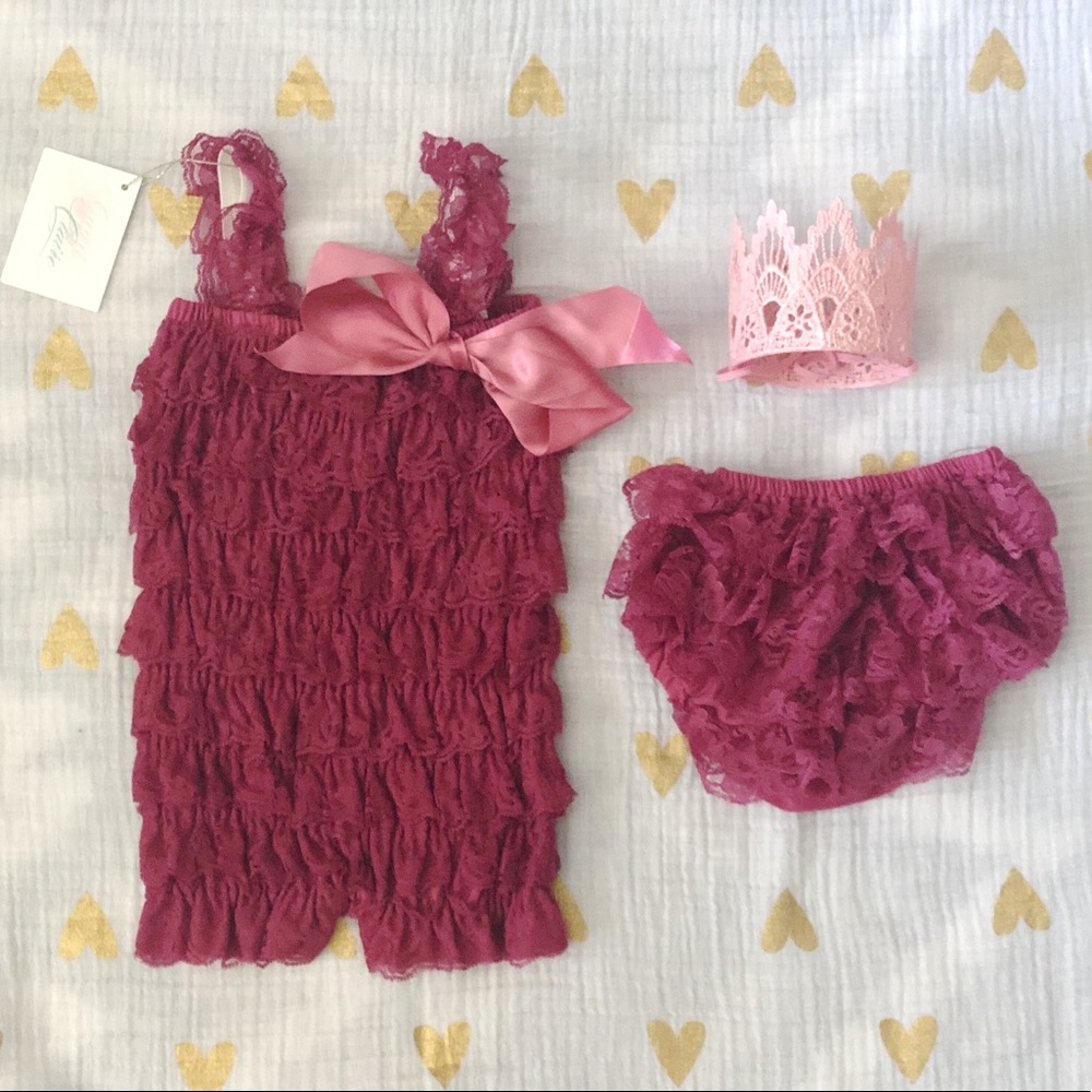 Ruffly jumpsuit with ruffly bloomers and a crown